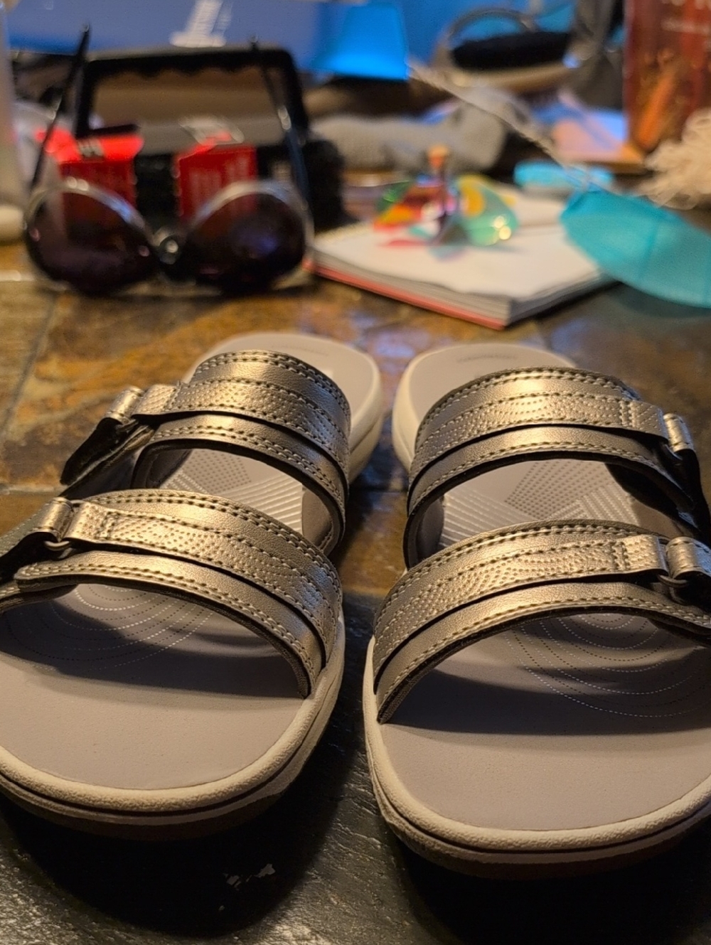 Clarks Silver Cushioned Slide Sandals